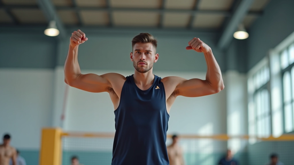لاعب كرة طائرة يقوم بتمارين إحماء ديناميكية في صالة رياضية، حركات الذراع والرقبة واضحة، إضاءة طبيعية