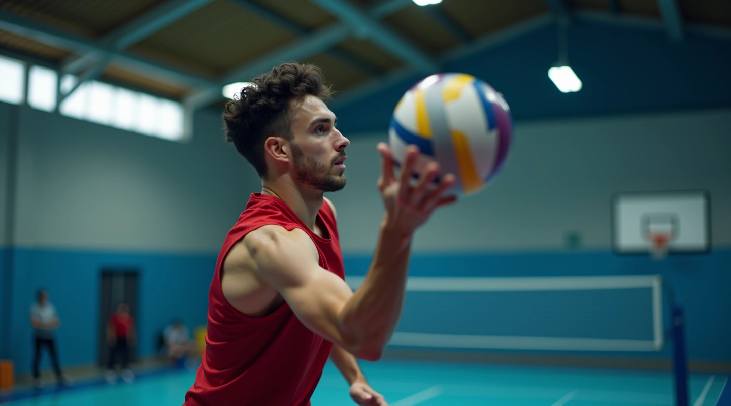 لاعب كرة طائرة يقوم بحركة ضرب ساحق أثناء التدريب في صالة رياضية مزودة بأنوار ومعدات احترافية